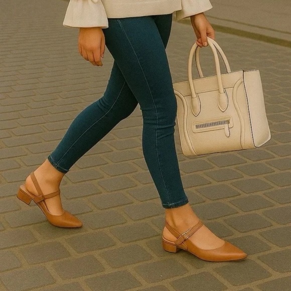 Steve Madden Christyy Leather Pointed Toe Slingback Block Heel Shoes Tan 7.5M - Picture 1 of 16